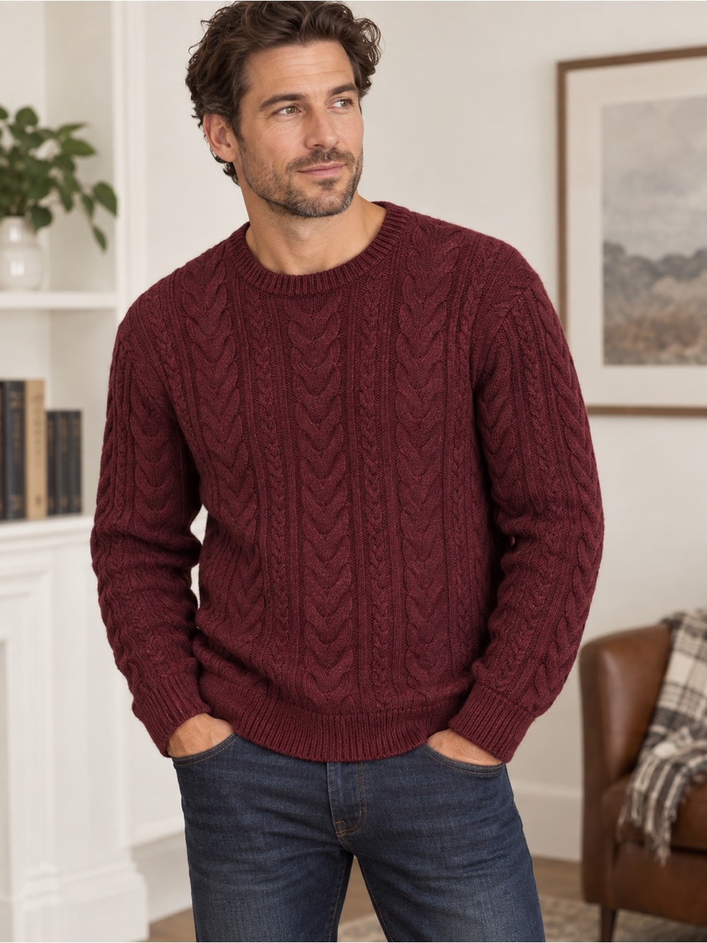 Black Brown 1826 Lambswool Cable Knit Sweater Burgundy L NWT Unisex